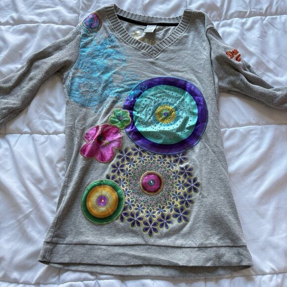 Vintage 90s Y2K Womens Size Small Gray Long Sleeve Blouse V Neck Hippie Boho - Picture 4 of 10